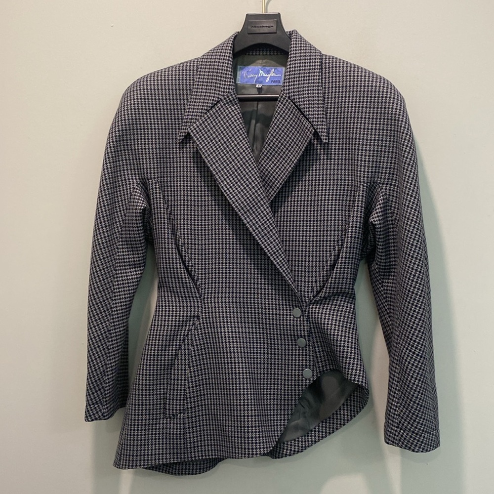 Thierry Mugler Asymmetrical Blazer Vintage Size 40  Sculptural Wool Houndstooth - Picture 5 of 16